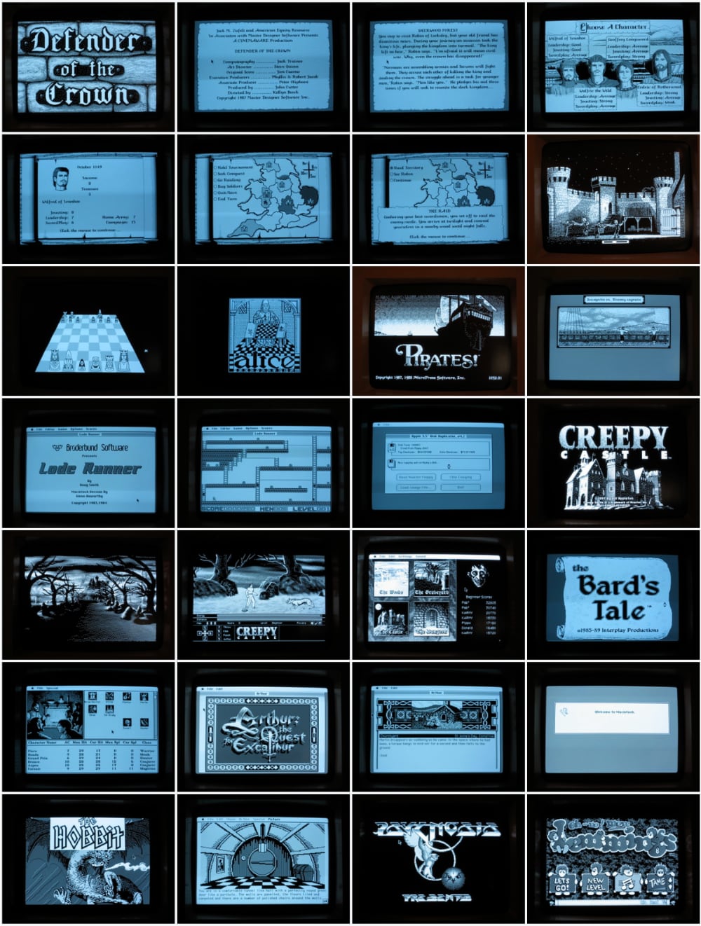 Grid of Mac Plus screen photos showing games