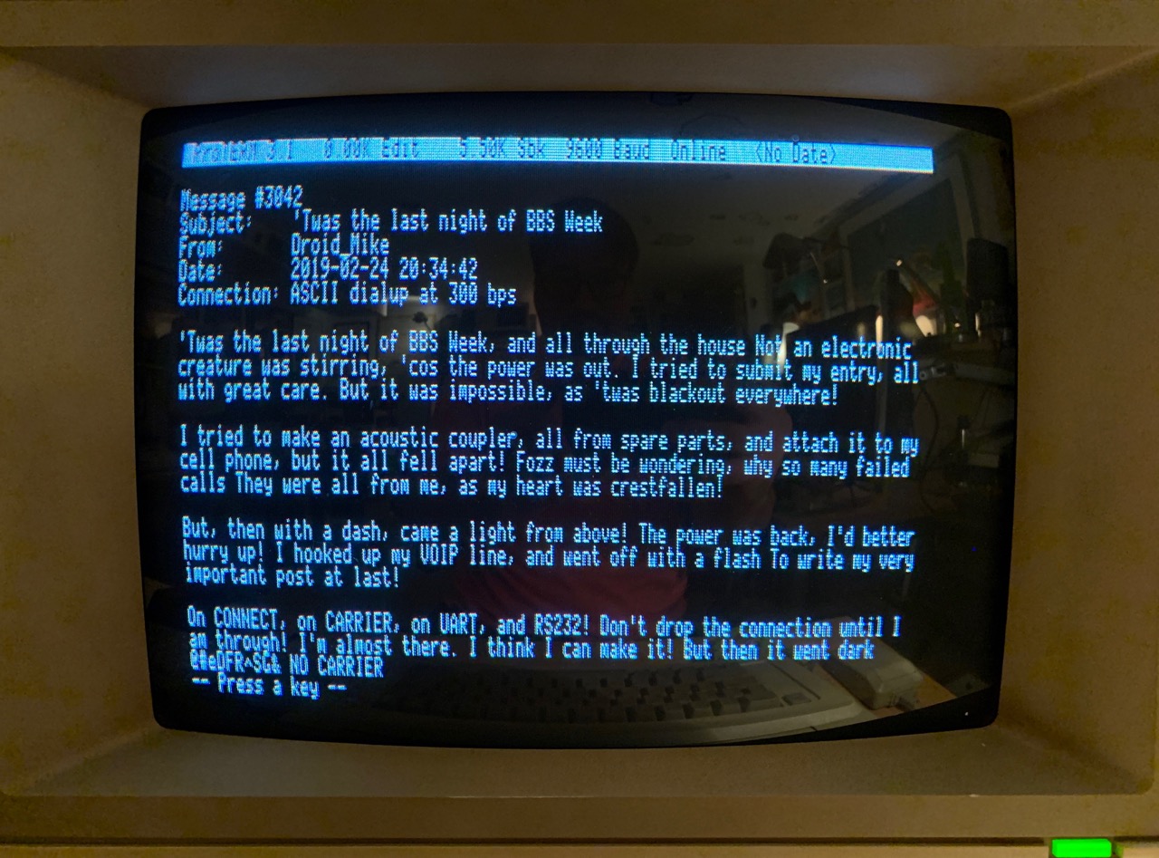 Apple ColorMonitor IIe showing a BBS post that is a poem